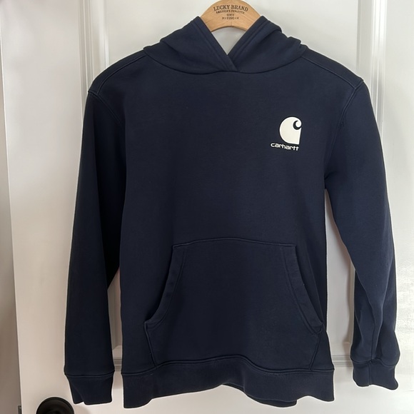 Carhartt Navy Blue Graphic Hoodie w Kanga Pockets, Logos Size L 14/16 - Picture 3 of 9